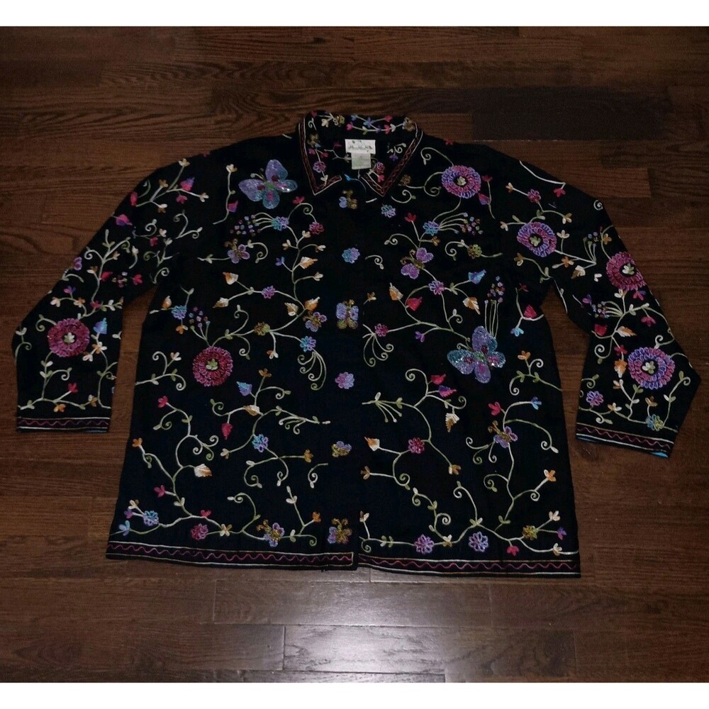 Quacker Factory Jacket Womens 1X 3/4 Sleeve Floral Butterfly Beaded Embellished